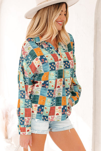 Women's Patchwork Floral Print Long Sleeve V-Neck Blouse