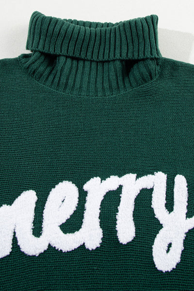 Women's Cozy Blackish Green Merry Letter High Neck Sweater - Stylish Fit for Casual Outings and Everyday Wear made for easy styling and wardrobe