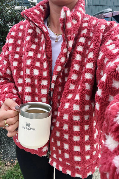 Cozy Women's Red Plaid Zip-Up Winter Coat - Plush Fabric for Warmth & Stylish Cold Weather Comfort