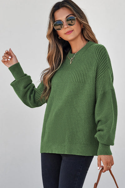Women's Vineyard Green Mixed-Texture Knit Crewneck Sweater