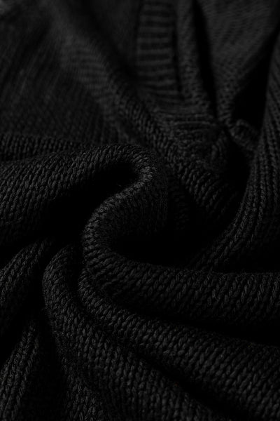 Women's Black V-Neck Pointelle Knit Sweater with Contrast Sleeves