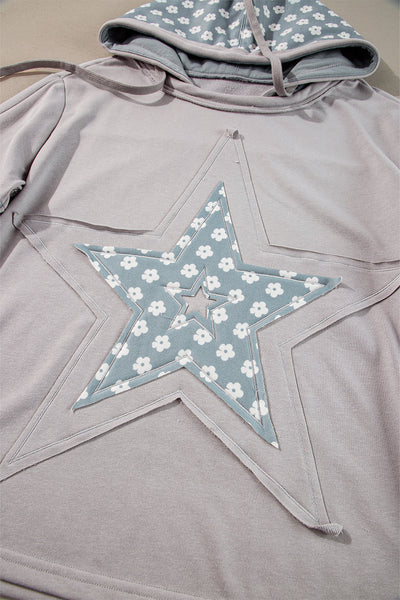 Women's Beau Blue Floral Patchwork Star Hoodie with Adjustable Drawstring - Stylish & Comfortable Casual Wear
