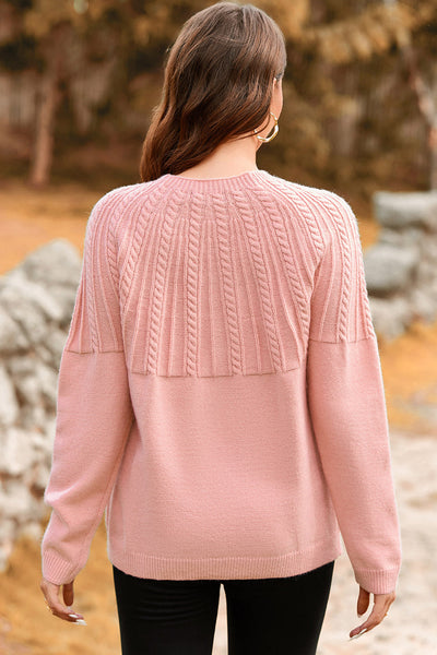 Women's Light Pink Cable-Yoke Cardigan with Wooden Buttons