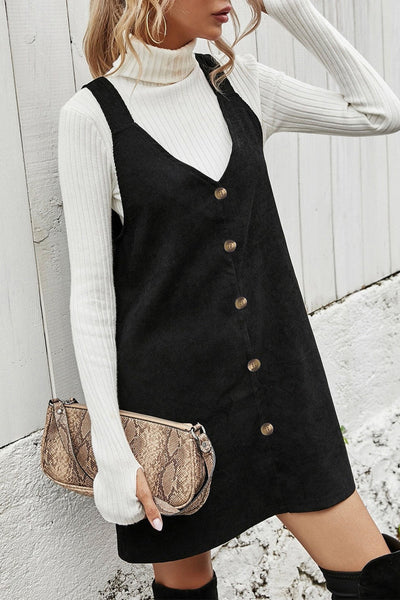 Trendy Women's Black Sleeveless Corduroy Mini Dress with V-Neck and Button Front Perfect for Casual and Evening Wear