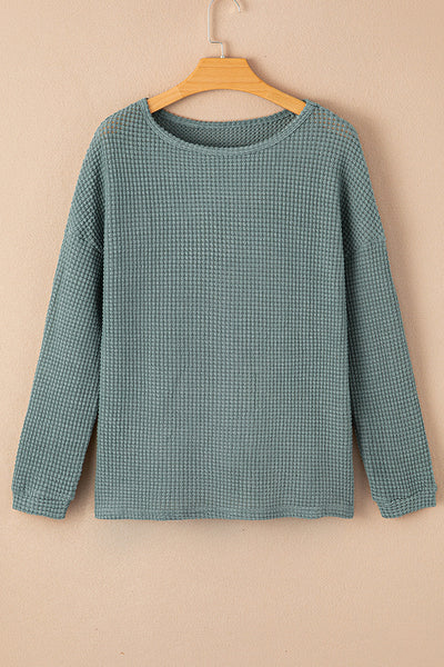 Women's Cozy Green Waffle Knit Long Sleeve Top with Drop Shoulders Casual Chic Style for Effortless Everyday Wear