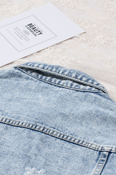 Women's Sky Blue Lapel Distressed Raw Hem Buttons Denim Jacket