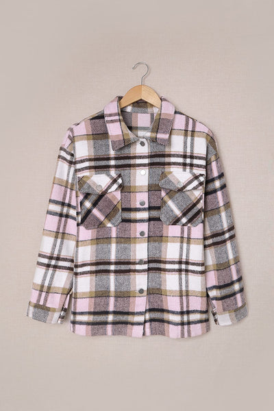 Trendy Women's Oversized Pink Geometric Plaid Shacket with Pockets Perfect for Casual Chic Outfits