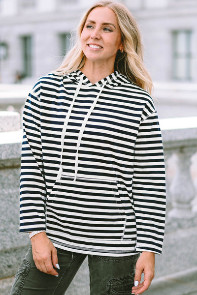 Classic Striped Kangaroo Pocket Hoodie with Drawstring