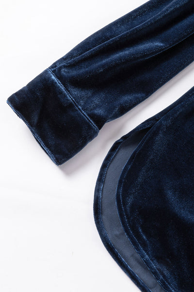 Chic Navy Blue Velvet Women's Top with Frilled Neck and Button Detail - Ideal for Casual and Dressy Events