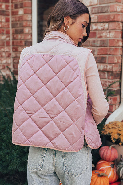 Women's Light Pink High Neck Quilted Vest with Snap Buttons - Trendy Layering Essential for Fall Fashion