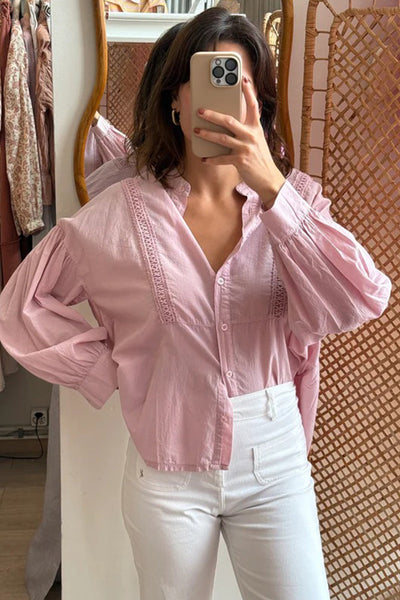 Effortless Light Pink Women's Lace Button-Down Shirt with Puff Sleeves and Drop Shoulder for Chic Everyday Wear