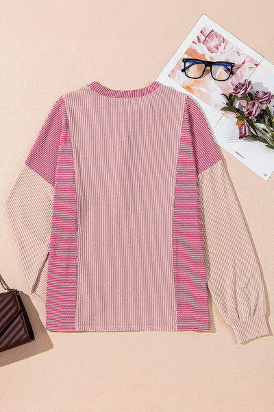 Women's Pink Ribbed Colorblock Henley Pullover with Half-Placket