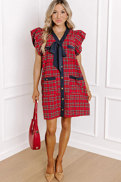 Women's Festive Red Plaid Mini Dress with Ruffled Sleeves and Bow Detail, Perfect for Parties and Special Occasions