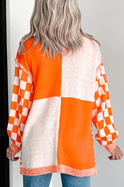 Cozy Women's Orange Checkered Cardigan - Stylish Knit Layer for Effortless Casual Looks and Comfortable Layering