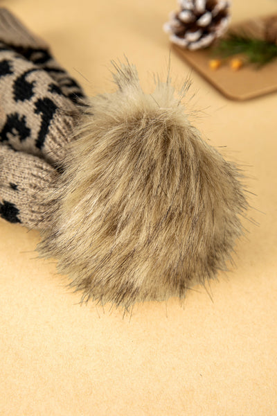 Women's Light Beige Leopard Knit Beanie with Faux Fur Pom