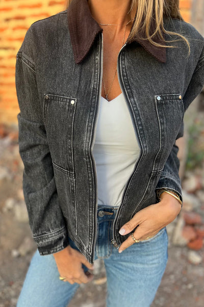 Chic Women's Black Corduroy Denim Jacket with Zipper, Stylish Collar for Effortless Casual Looks