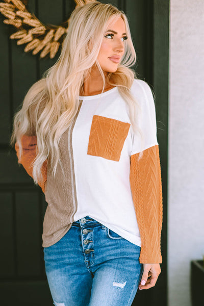 Women's Casual Orange Colorblock Knit Top with Long Sleeves and Chest Pocket - Trendy Textured Design for Everyday Style