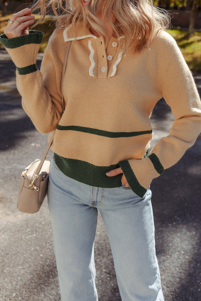 Chic Light Beige Women's Sweater with Ruffled Sleeves, Contrast Trim & Buttoned Collar for Effortless Layering
