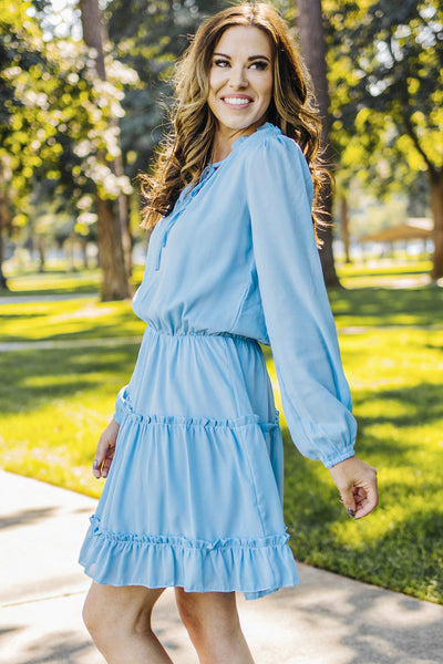 Chic Light Blue V-Neck Long Sleeve Ruffle Mini Dress for Women Ideal for Spring & Summer Events, Effortlessly Stylish