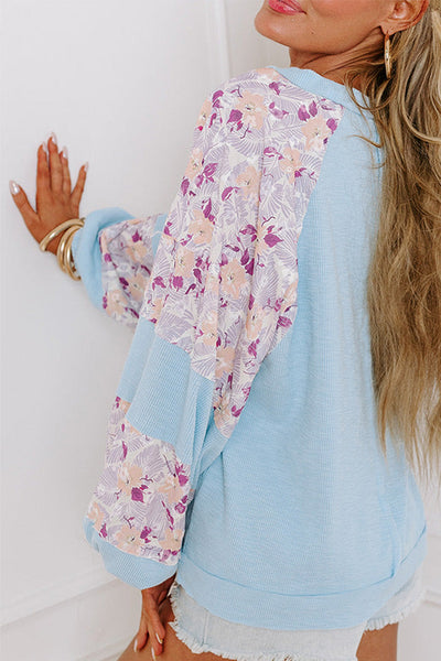 Women's Stylish Women's Beau Blue Floral Patchwork Balloon Sleeve Blouse - Chic Textured Top for Effortless Casual Looks