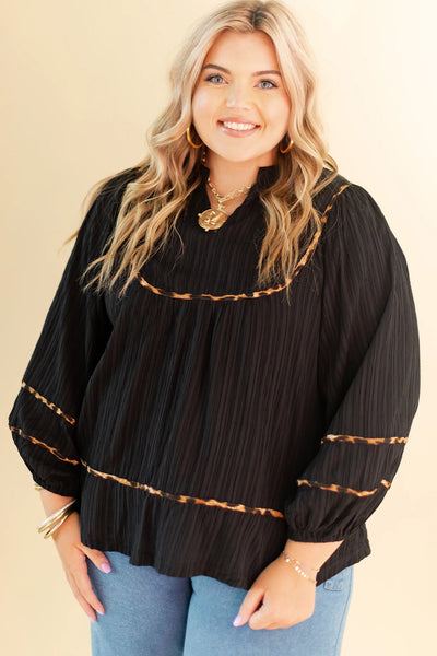 Chic Plus Size Women's Black Blouse with Leopard Trim, Split Neck, Long Puff Sleeves, and Pleated Detail