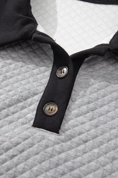 Women's Cozy Light Grey Colorblock Sweatshirt with Textured Fabric and Buttoned Collar for Casual Chic Looks