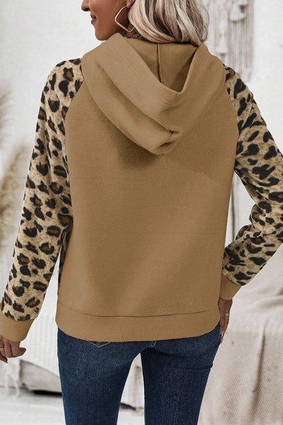 Light Beige Leopard Print Patchwork Hoodie for Women - Casual Raglan Sleeve Design with Half Buttons