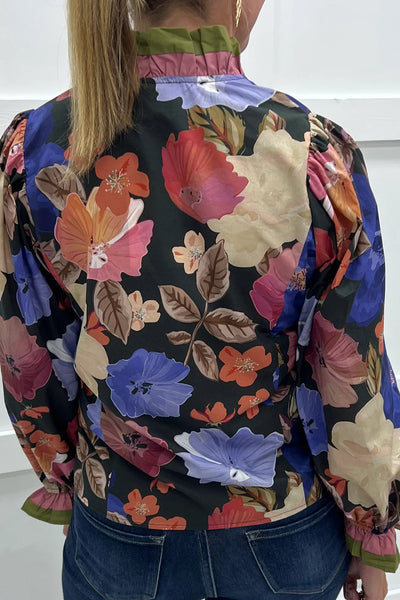 Women's Fall Fashion Floral Print Blouse in Blue with Frilly Striped Trim and Puff Sleeves for a Chic Look