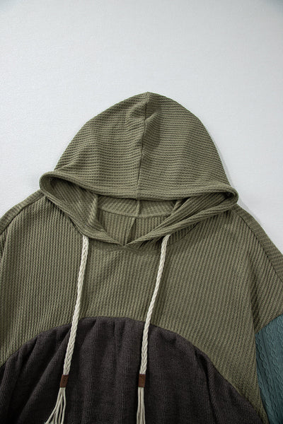 Laurel Green Women's Colorblock Hooded Top with Frayed High-Low Hem, Wide Sleeves & Textured Fabric for Stylish Comfort