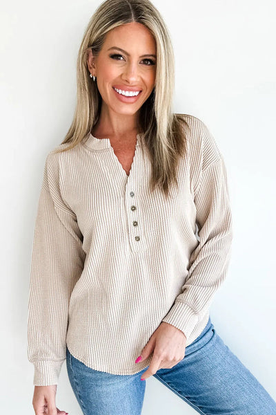 Beige Relaxed Fit Women's Twisted Ribbed Long Sleeve Top with Half Buttons - Chic Casual Style for Everyday Wear