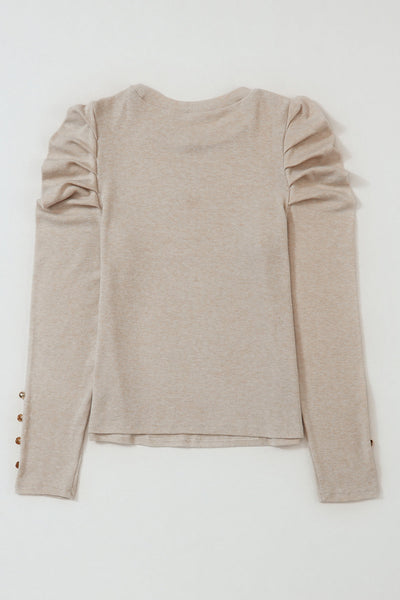 Stylish Women's Khaki Puff Sleeve Sheath Top with Button Detail - Comfortable Everyday Wear for Effortless Chic