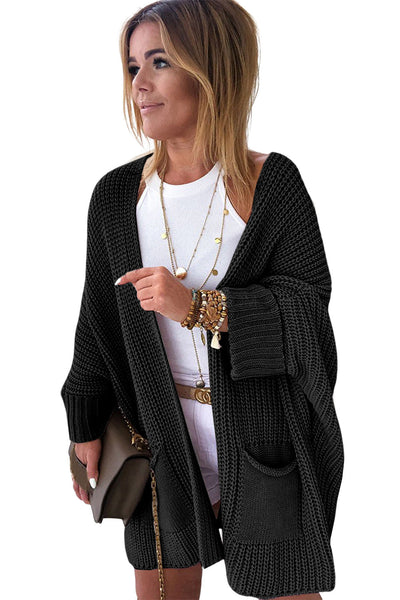 Cozy Women's Black Oversized Cardigan with Fold-Over Sleeves  Stylish Open Front Layering Essential