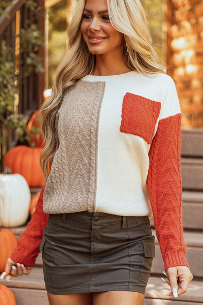 Cozy Women's Gold Flame Colorblock Drop Shoulder Sweater with Pockets Chic Casual Knitwear for Effortless Style