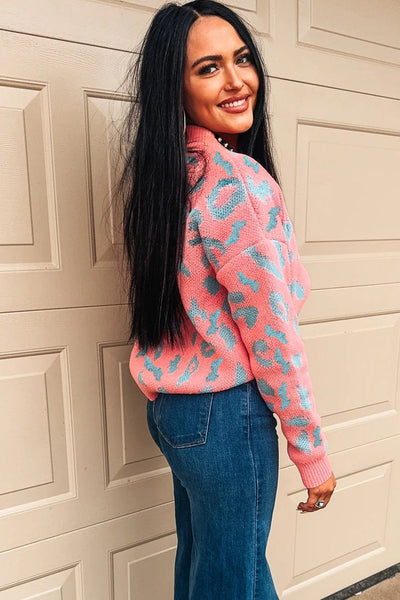 Trendy Women's Pink Leopard Print Drop Shoulder Sweater for Casual Comfort and Everyday Style