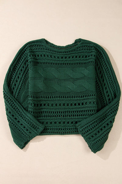 Chic Women's Blackish Green Cropped Cable Knit Sweater with Stylish Hollow-Out Design for Trendy Outfits