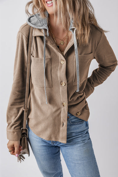 Chic Women's Pale Khaki Corduroy Shacket with Hood, Drawstring, and Pockets - Perfect for Casual Layering
