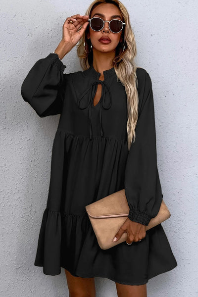 Chic Women's Black Tie Puff Sleeve Dress with Ruffle Hem & Smocked Detail for Effortless Elegance and Comfort
