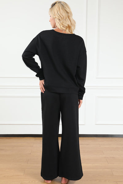 Women's Black Ultra Loose Textured 2-Piece Lounge Set - Cozy Slouchy Casual Outfit for Effortless Everyday Style