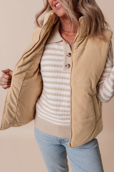 Beige Corduroy Puffer Vest with Stand Collar with practical styling and dependable silhouette control.