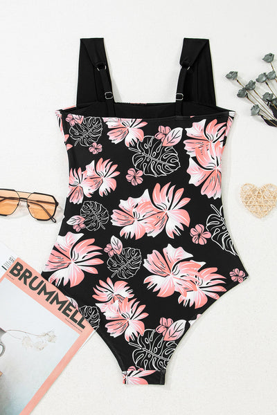 Women's Floral Ruched Square Neck One-Piece Swimsuit