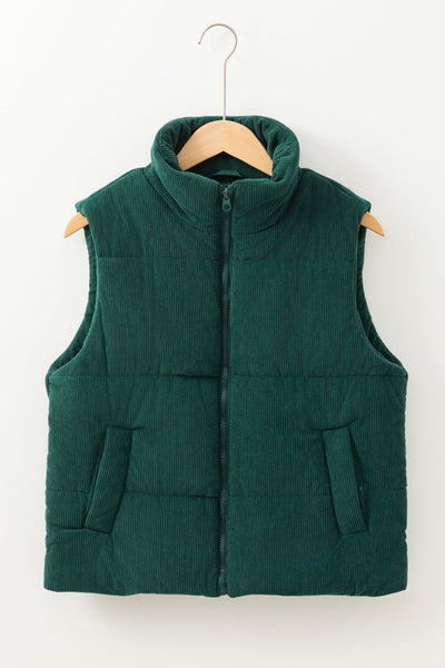 Chic Women's Jungle Green Corduroy Puffer Vest with Stand Collar and Zipper  Cozy Layer for Trendy Fall Looks