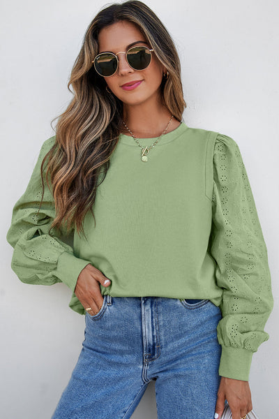 Casual Chic Women's Mist Green Solid Patchwork Sweatshirt - Long Sleeve Round Neck Top for Everyday Comfort