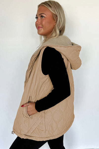 Women's Pale Khaki Quilted Winter Vest with Cozy Fleece Lining for Casual Style and Comfort