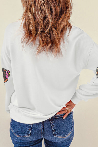 Women's Embellished Sequin Turkey Sweatshirt in White Cotton-Poly