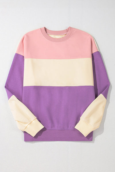 Cozy Women's Meadow Mauve Colorblock Sweatshirt - Stylish Drop Shoulder Design for Everyday Comfort and Casual Wear