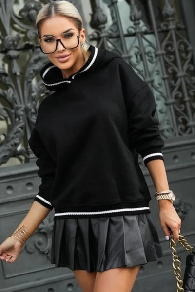 Women's Black Preppy Casual Hoodie with Varsity Stripes & Ribbed Details for Cozy Everyday Style