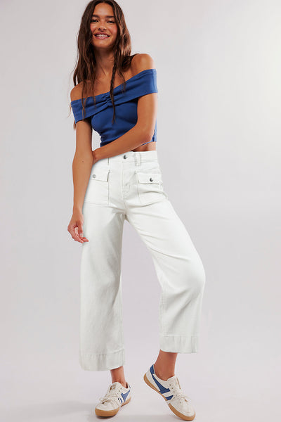 Women's High-Waist White Straight-Leg Cropped Cargo Jeans