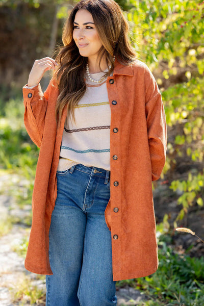 Chic Women's Oversized Gold Flame Corduroy Shacket with Side Slits - Trendy Layering Essential for Stylish Fall Outfits