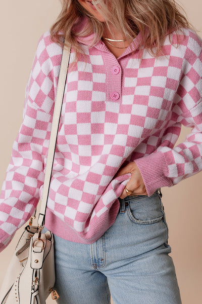 Cozy Women's Pink Checkered V-Neck Sweater with Drop Shoulders & Button Details Stylish Casual Knit Top