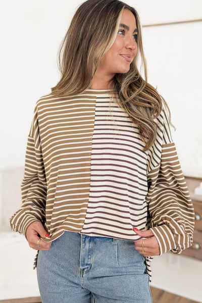 Women's Relaxed Fit Khaki Stripe Color Block Long Sleeve Tee - Casual Drop Shoulder Top for Effortless Style